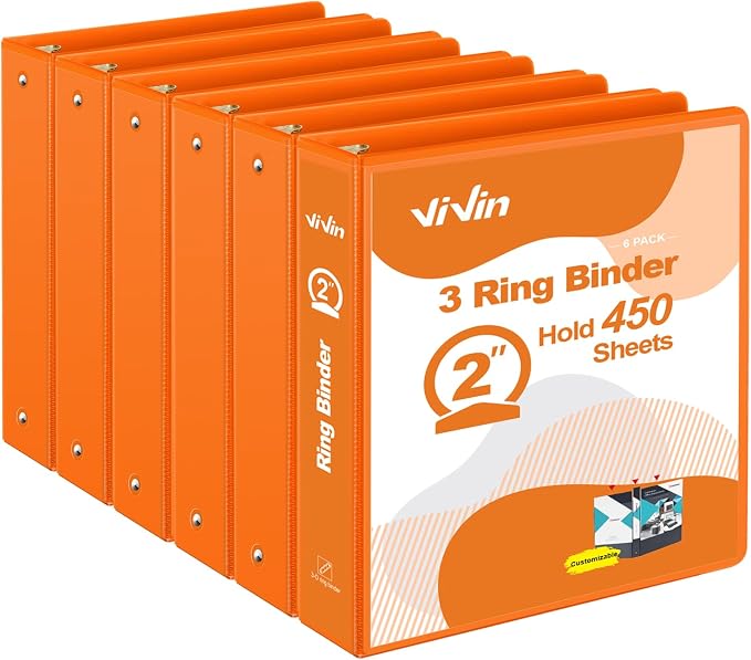 ViVin 2 Inch Round Ring View Binder for Durability, 6-Pack (Orange) | Standard 3 Ring Binder for 450 Sheets of US Letter Size Paper, PVC-Free, Clear Front Pocket, Office Home School Use