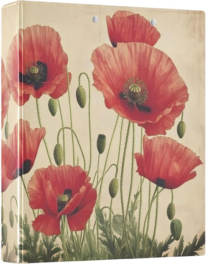 3 Ring Binder Red Poppy Flowers Vintage Poppies Floral 1.5 inch Binders Three Ring Binders with Clipboard Fit 8.5'' x 11'' Paper 3 Interior PVC Clear Pockets for Office Supplies