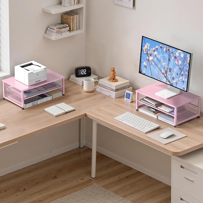 ECOLOVI 2-Tier Computer Monitor Stand Riser, Printer & Laptop Stand, Office Desk Accessories, Workspace Desk Organizer for Home Office Supplies, Pink