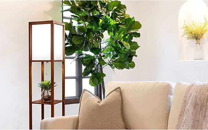 Brightech Maxwell - Modern Shelf Floor Lamp with Lamp Shade & Warm White LED Bulb, Corner Display Floor Lamp with Shelves for Living Room, Bedroom, Nightstand Office, Home Decor Storage - Walnut Brown