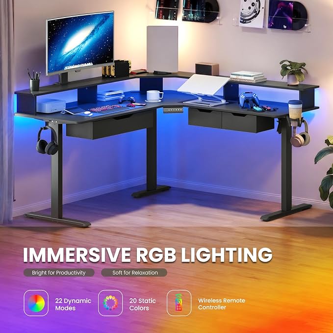 MALOL 59" L Shaped Electric Standing Desk with Drawers, Height Adjustable Desk with Power Outlets & LED Lights, Monitor Stand, Corner Computer Desk for Home Office, Black