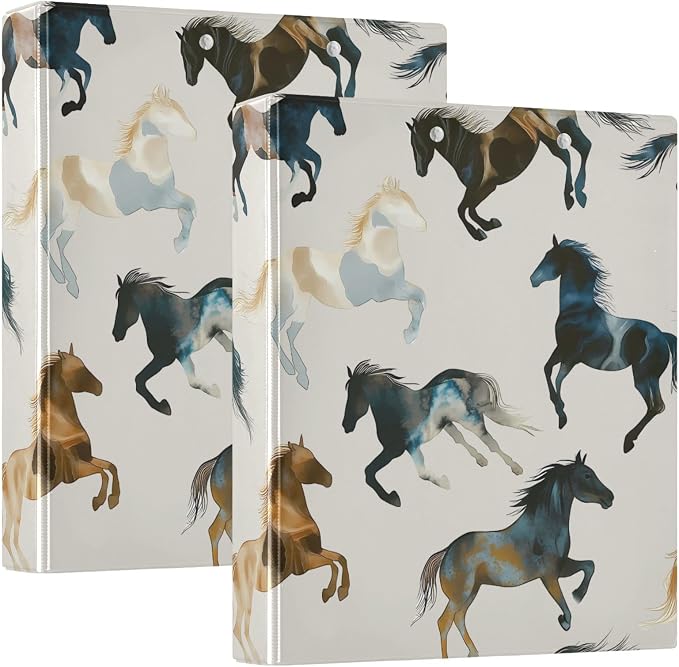 Western Brown Horse 3 Ring Binder with 2 Interior Pockets 1.5 inch Binders 3 Ring Heavy Duty Fit 8.5" x 11" Letter Size for Office School, 2 Pack