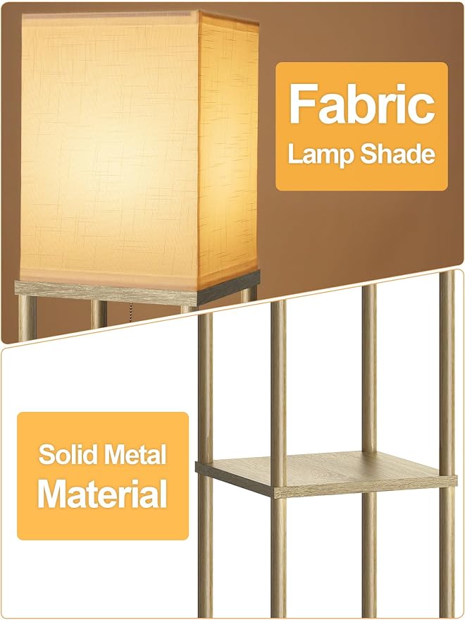 Floor Lamp with Shelves for Living Room Natural Wood, Shelf Floor Lamp with 3 CCT LED Bulb, Corner Display Standing Column Lamp Etagere Organizer Tower Nightstand with White Linen Shade for Bedroom