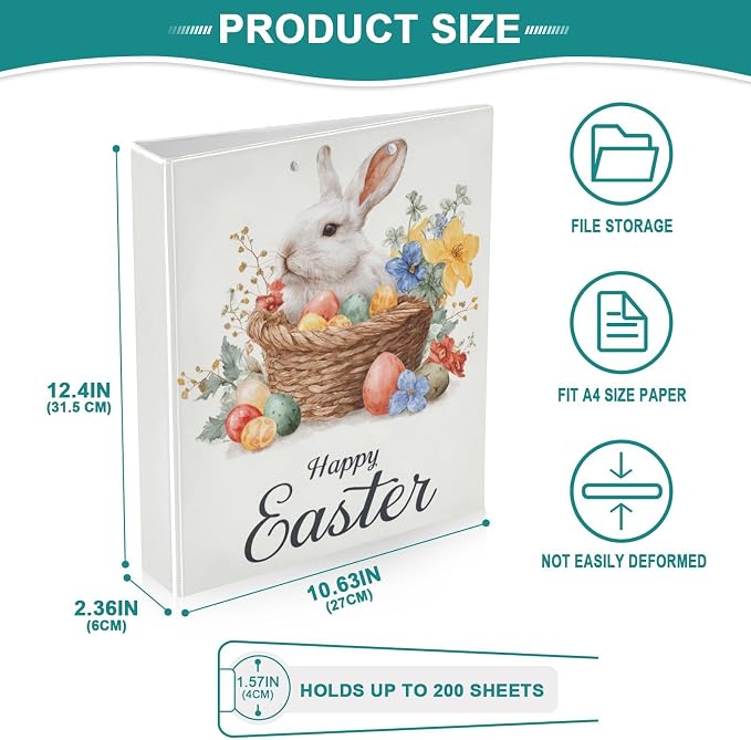 Watercolor Happy Easter Bunny Binder 3 Ring 1.5 Inch Binder with Clipboard&Pockets, Hardcover Binders Heavy Duty Large File Folder for Office School Supplies - Holds 200 Sheets, 2 PC