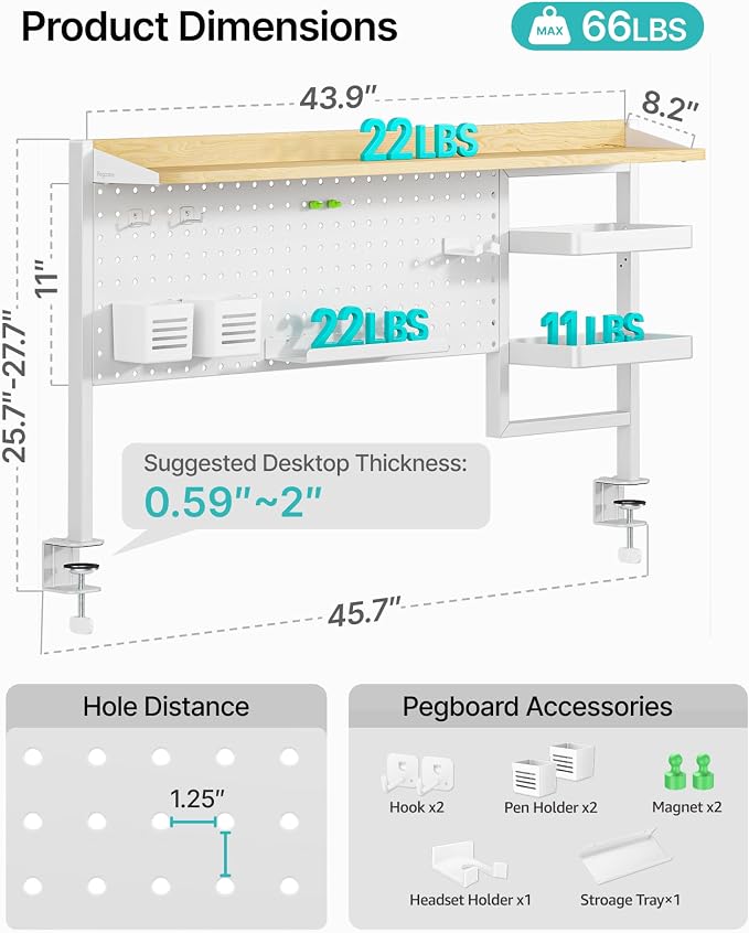 Clamp on Desk Shelf, 44" Desktop Shelving System, White | with Pegboard and Accessories, Desktop Organizer with 2-Tier Shelf, Desk Pegboard for Gaming Office