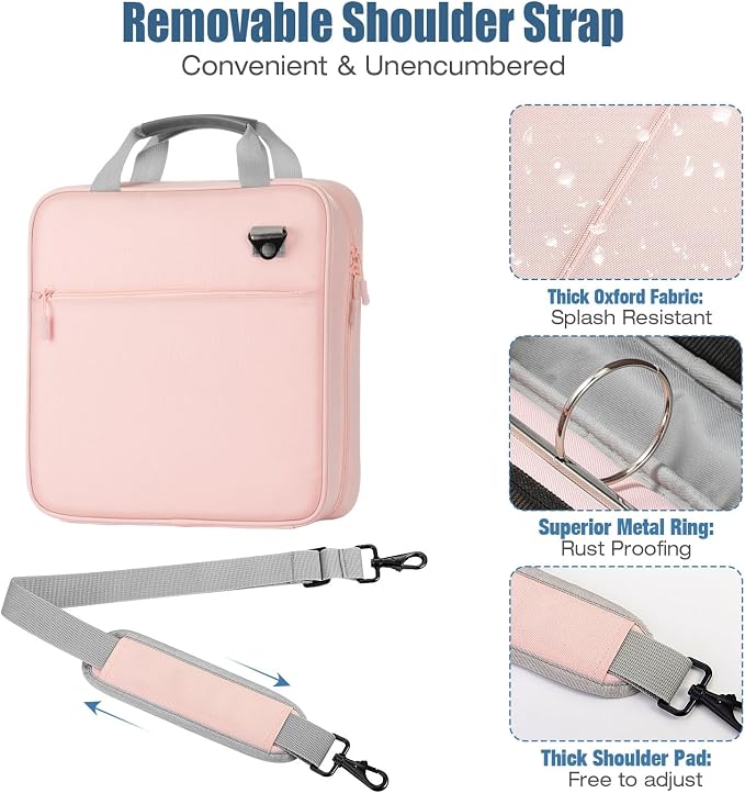 MoKo Zipper Binder, 2 Inch 3 O Ring, 5 Tab File Folders, 500 Sheets, Pink | Water-repellent 900D Oxford fabric with 5 folders, 2 mesh pocket, reinforced handle and adjustable shoulder strap.