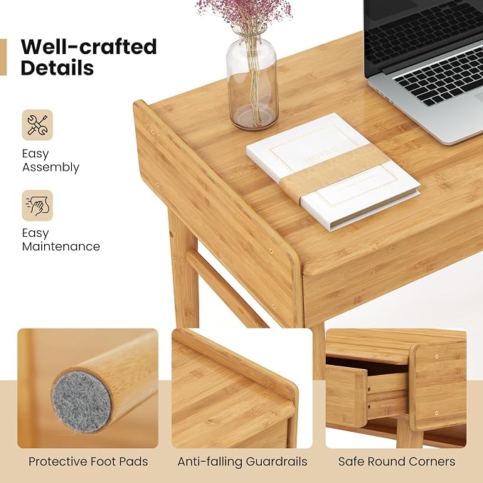 GIANTEX Computer Desk, 39.5" Bamboo Home Office Desk with 2 Storage Drawers and Open Shelf, Makeup Table Vanity Desk, Modern Writing Desk Computer Workstation for Bedroom, Study, Natural