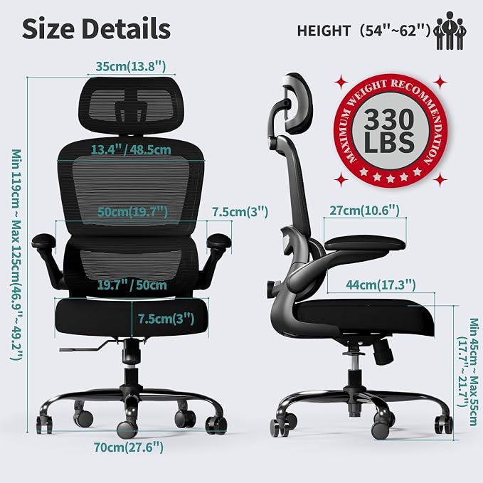 TRALT Office Chair Ergonomic Desk Chair - Gaming Chair with Lumbar Support | 330 LBS Home Office Desk Chairs with Headrest, Reading Chair with Flip-up Armrests, Comfortable Computer Chairs (1, Black)