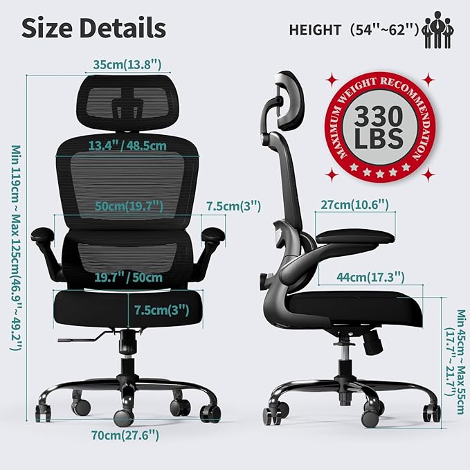 TRALT Office Chair Ergonomic Desk Chair - Gaming Chair with Lumbar Support | 330 LBS Home Office Desk Chairs with Headrest, Reading Chair with Flip-up Armrests, Comfortable Computer Chairs (4, Black)