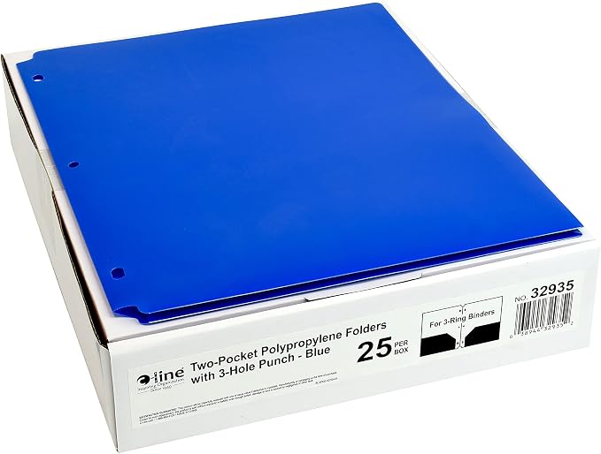 C-Line Two-Pocket Heavyweight Poly Portfolio Folder, 3-Hole Punch, 11 X 8.5, Blue, 25/Box
