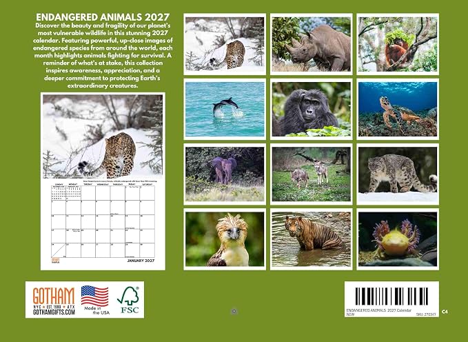 Endangered Animals Calendar 2027 Wildlife Monthly Wall Calender 12 Month