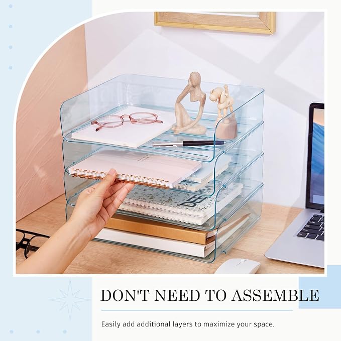 Harloon 4 Tier Clear Blue Acrylic Paper Organizer Letter Tray, Aesthetic Stackable Desk File Organizer Paper Holder Office Tray for A4, Modern Classroom Office Home File Pad Books Notes