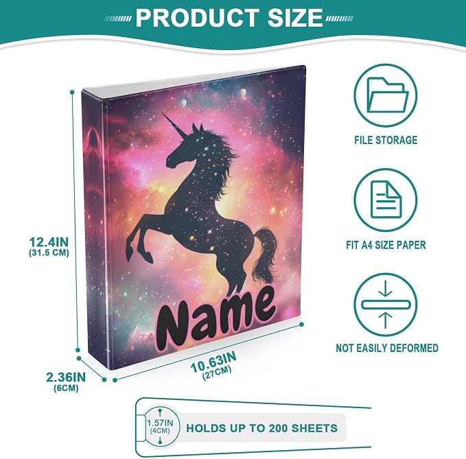 Custom 3 Ring Binder Unicorn Galaxy Sky 1.5" Round Ring Binders Personalized Name View Binder with 200 Sheet for Kids School Supplies Women Men Office, 1 Pack