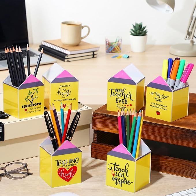 Sherr 6 Pcs Back to School Teacher Gifts Inspirational Pencil Cups Bulk | First Day of School Gifts for Teachers, Acrylic Pencil Shaped Pen Holders, Appreciation Gifts for Teachers Counselors School