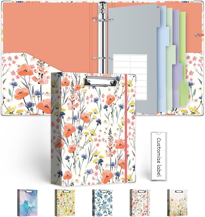 Mini Binder Organizer，1 Inch 3 Ring Binder with Clipboard, 5-Tabs Pockets Dividers, Plastic Folder, 18 Divider Stikers, Pen Loop (Flora, 5.5" x 8.5")