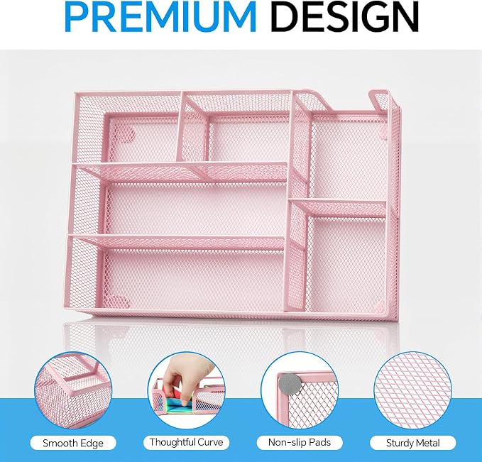 Desk Drawer Organizer, Office Drawer Divider Organizer Tray with 6 Compartments, Metal Mesh Desktop Organization and Accessories for Stationery Makeup Kitchen Toolroom School ＆Office (Large-Pink)