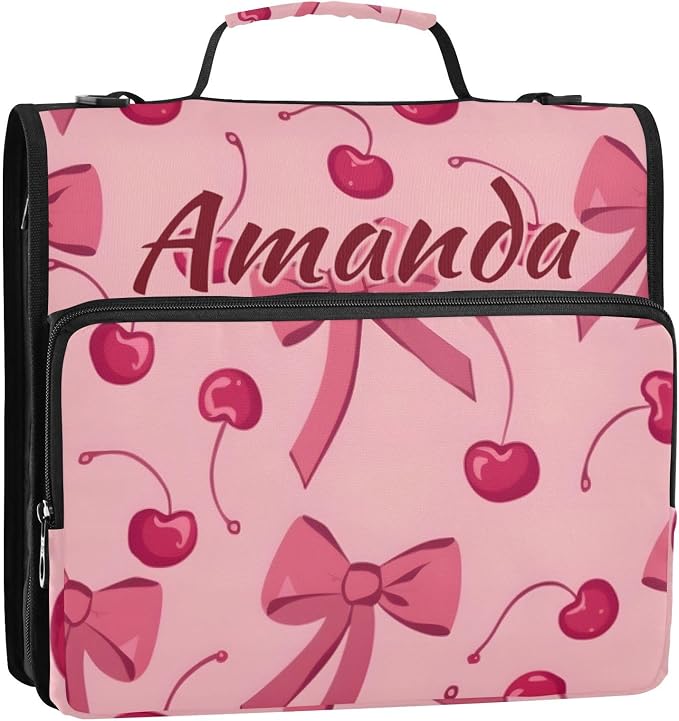 Custom 3 Ring Zipper Binder Bow Cherry Pink Personalized Name 1.5 inch Binders Large Capacity Multi Pockets for School Office Supplies
