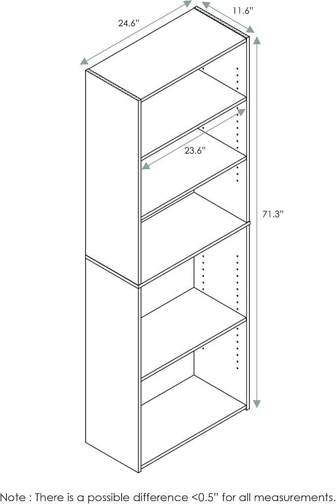 FURINNO Wright 5-Shelf Bookcase, Cinnamon Cherry | 11.6 x 24.6 x 71.3, Open Shelf, for Living Room, Bedroom, Home Office