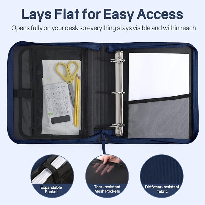 SUNEE Zippered Binder Bag with Handle, 2-Inch 3-Ring O-Ring, 500-Sheet Capacity, Includes Zip Pocket, 5-Tab Expanding File Folder, Multi-Pocket Organizer Binder for Middle School, Navy