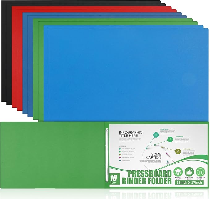 Resurhang 10 Pcs 11x17 Inch Pressboard Report Cover, 3" Capacity Presentation Binder Folder with Metal Prong Paper Fastener to Neatly Bind Reports Proposals Transcripts, Other Documents (Multicolor)