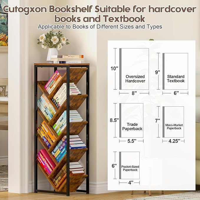 Cutogxon Tree Bookshelf - 9 Tier Floor Standing Tree Book Storage Organizer with Adjustable Feet for Hardcover Books, Vintage Living Room