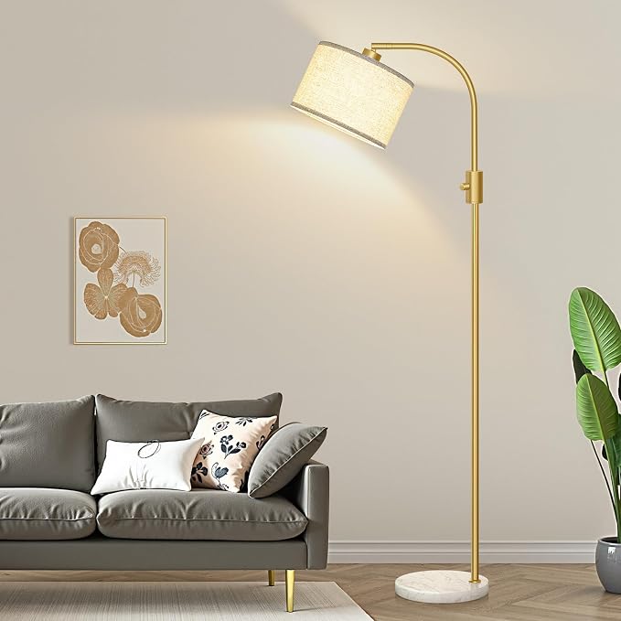 Nintiue Upgraded Modern Arc Dimmable Tall Standing Floor Lamp with Marble Base & Linen Shade, 1200 Lumens LED Bulb Included, for Living & Reading Room, Bedroom, Office & Nursery, Gold