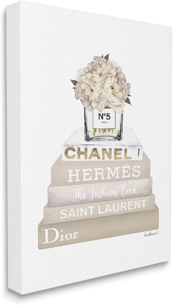 Glam Beige Fashion Bookstack Floral, 16 x 20 Inch Canvas Wall Art | Stupell Industries · By Amanda Greenwood · Ready to hang · Elegant statement for home decor · Made in USA