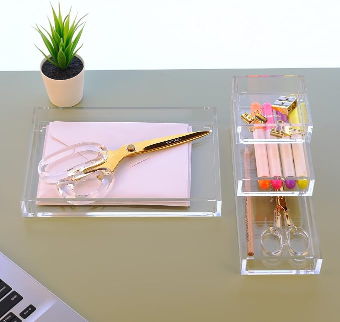 Clear Acrylic Desk Organizer for Office or Home Desk Drawer Dividers, Makeup Vanity Storage Bins, Stackable 4-Pack, Acrylic Accessory and Half Accessory Tray/Small Tray