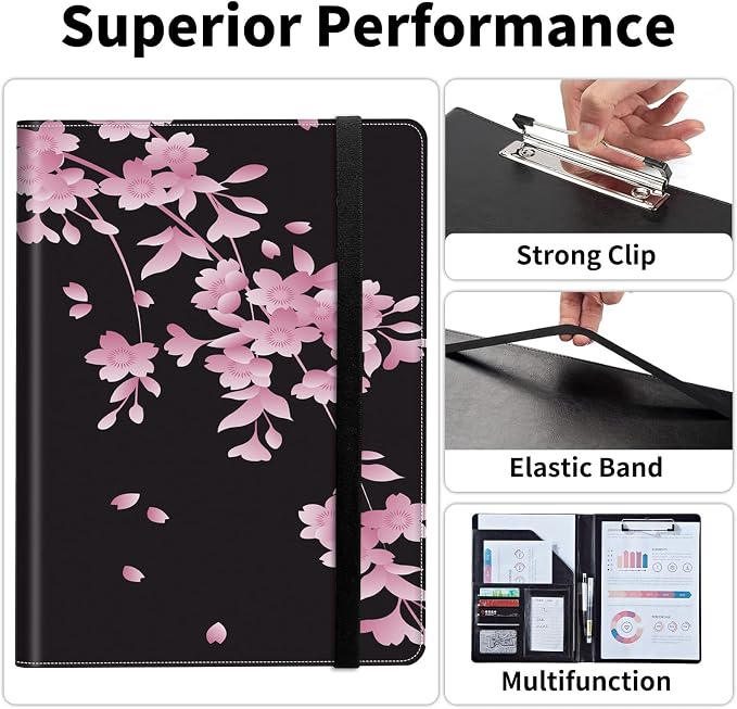 Padfolio/Portfolio Folder Clipboard,Padfolio Clipboard,Writing Portfolio Leather with Cover for Card Holder Slot Letter Size A4 for Office Conference Notepad Clip Boards,Cherry Blossoms