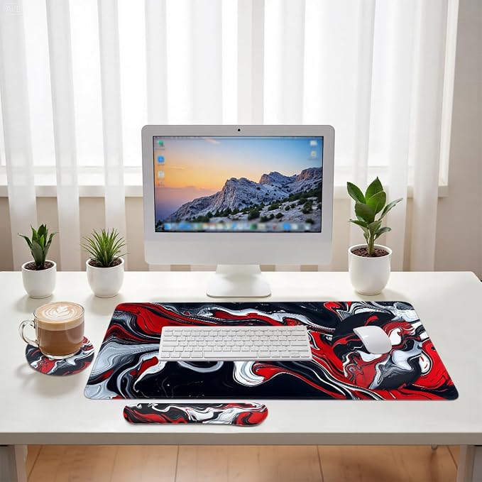 Abstract Art Mouse Pad Set Red Black White Modern Fluid Art Gaming Mousepad 4in1 Desk Mat for Desktop Wrist Support Cup Coaster Set Ergonomic Computer Desk Arm Wrist for Decor Home Office