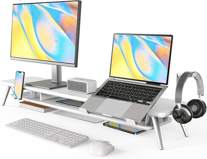 Fenge 42.5-Inch Monitor Stand Riser with Laptop, Phone & Headphone Holders | 10° Adjustable Laptop Holder, 2-Tier Storage, Dual Monitor or Monitor-Laptop Setup, Ideal for Multitasking, Gaming, Streaming