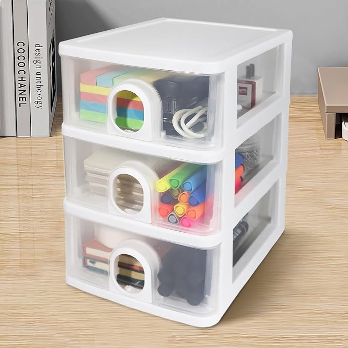 3-Drawer Clear Plastic Desk Organizer Small Stacking Storage Drawer | Organize Office Supplies, Stationery, Makeup, Craft materials, Accessories for Neat Desktop Storage (White)