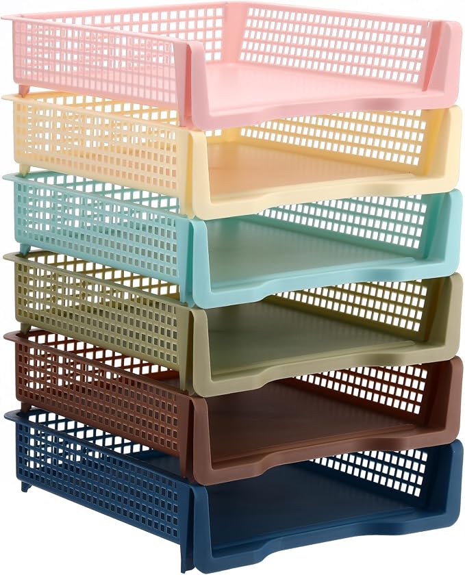 Weysat 6 Pcs Turn in Trays Classroom, Stackable Paper Tray for Classroom Organization Plastic Desk File Organizer Bin Basket for Library Drawer Teacher Office Document Storage (Morandi Tones,Narrow)