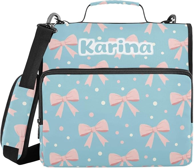 Custom Bow Pink Blue Pattern 3 Ring Zipper Binder with Shoulder Strap & Handle 1.5 Inch D-Ring Zippered Bag with Multiple Pocket, Personalized Binder Organizer for School or Office
