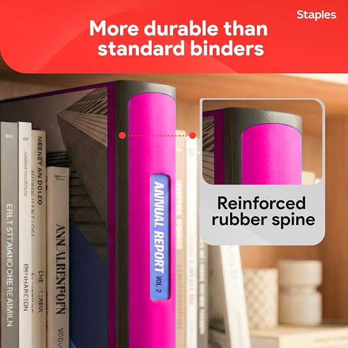 Staples Heavy-Duty 3-Inch D-Ring Binder, Pink, Holds 600 Sheets | Large-capacity 3-ring binder for school and office document storage.