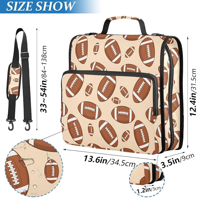 Sports Football Khaki Print Zipper Binder Bag 3 Ring with Shoulder Strap & Handle Multi Pocket Binder Organizer Bag Large Capacity for School Office Supplies