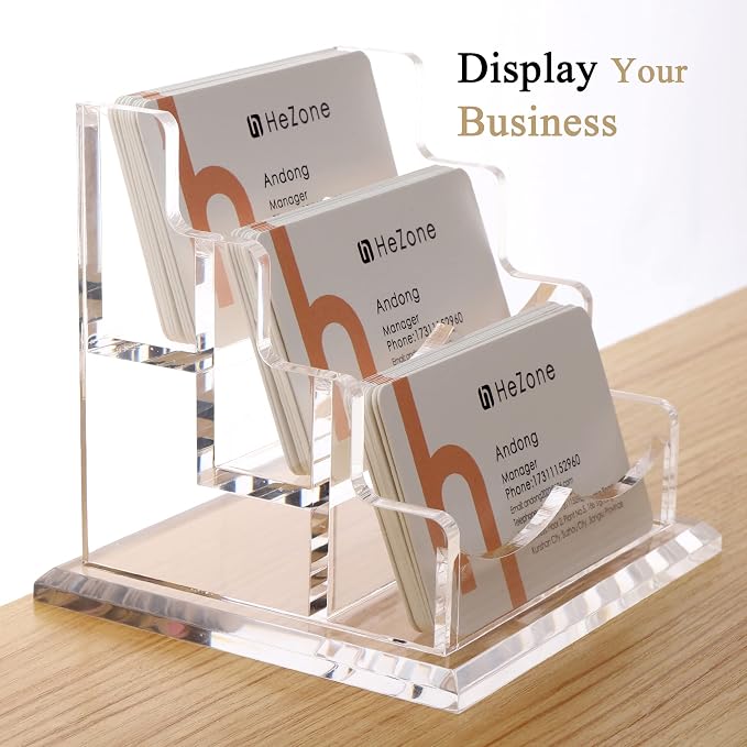 HeZone Business Card Holder for Desk 3 Slots 3 Tier, Clear Acrylic Cards Display Stand, Cards Organizer for Women and Men, Hold 150 Cards-Horizontal 3 Slots