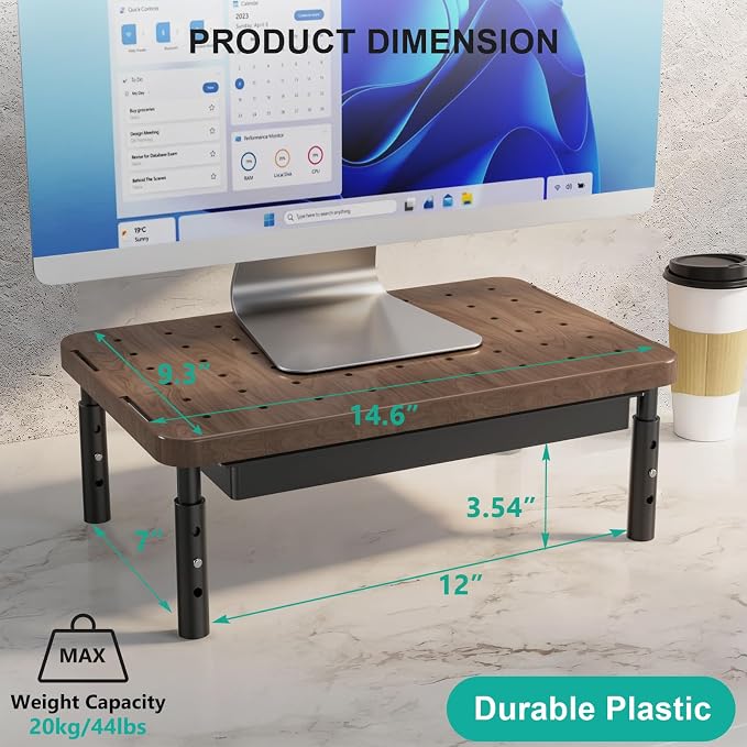 WALI Plastic Computer Monitor Stand with Storage, Adjustable Laptop Riser | Laptop Riser with Airflow Vents, Desk Organizer for Computer, Printer, Notebook (PTT002-C), 1 Pack, Brown