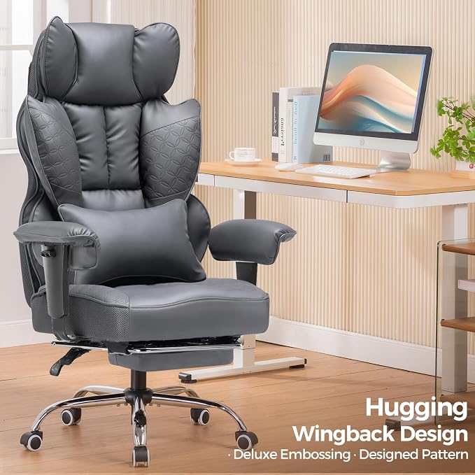 COMHOMA Big and Tall Office Chair Heavy Duty Wide Ergonomic Gaming Chair with Deluxe Embossing Designed Leather with Foot Rest,150°Reclining Adjustable Armrests Pocket Spring Back Support and Pillow