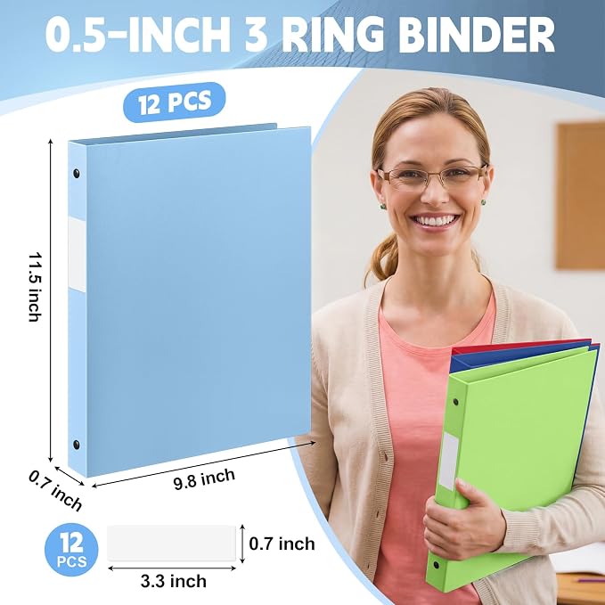 Henoyso 1/2 Inch 3 Ring Colored Binders Soft Flexible, 8.5'' x 11'' Plastic Floppy Binders Bendable with 2 Pockets, Colorful Binder Bulk for School Office Business ，12 Pack (Assorted Fresh Color)