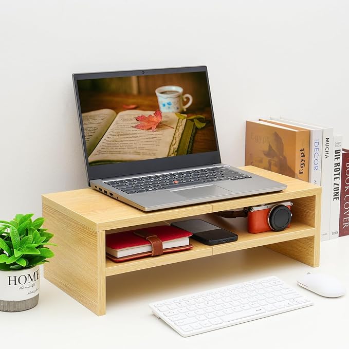 TEAMIX 20 inch Monitor Riser Stand - 2 Tiers, Wood Desktop Bookshelf, Maple | Laptop/PC/Printer/Keyboard Storage, Ergonomic Design, 15mm thick Sturdy Wood Boards, TV Stand, Home Office Desk Accessories