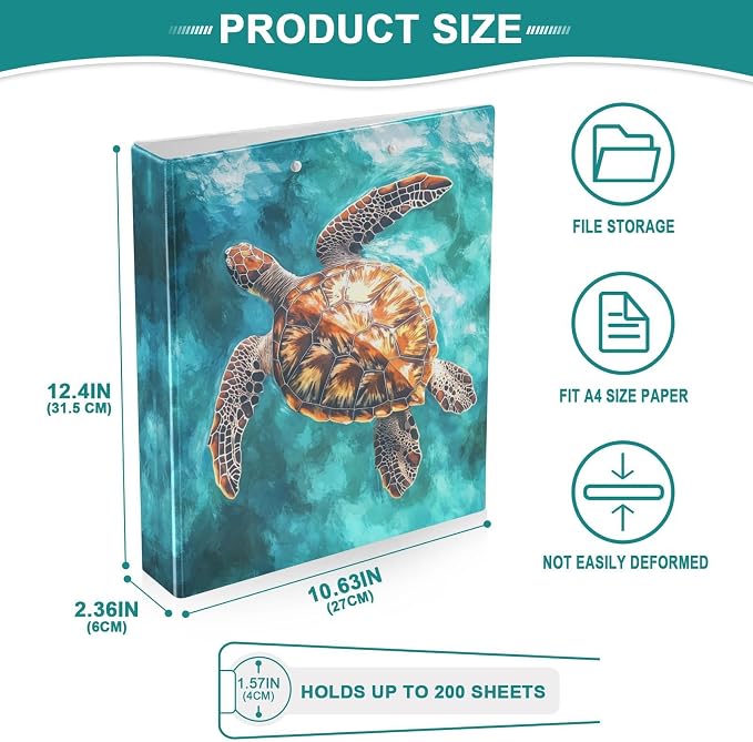 Turquoise Blue Turtle Binder 1.5 Inch Binder with Clipboard&Pockets, Coastal Sea Turtle Hardcover Binders 3 Ring, Heavy Duty Large File Folder for Office School Supplies-Holds 200 Sheets, 2 PC