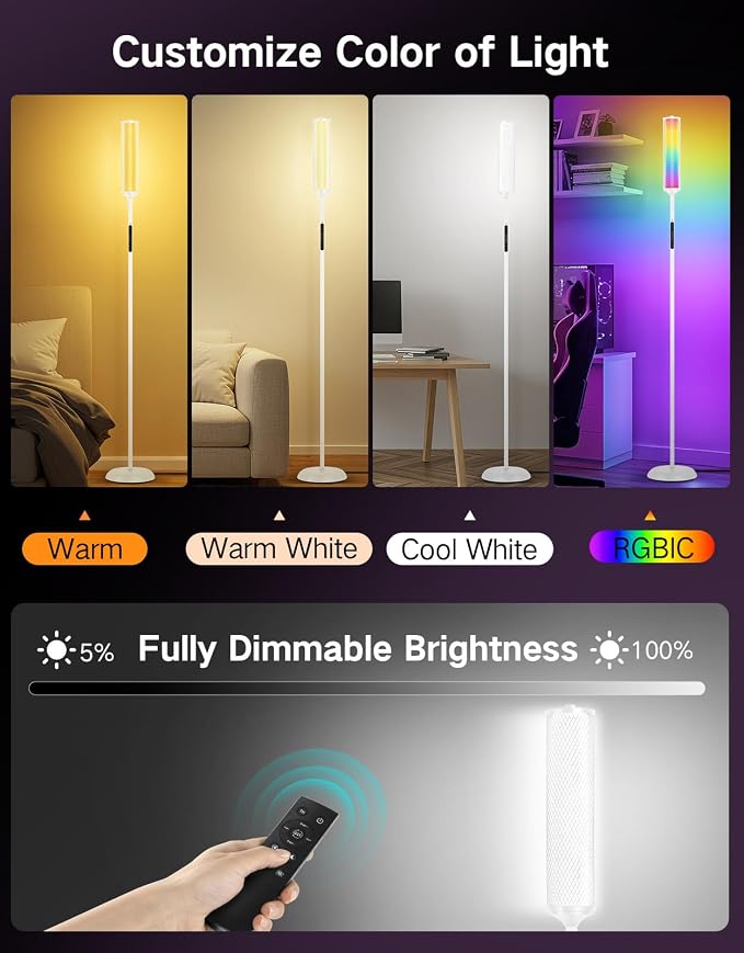 OUTON Bright Smart Floor Lamp with Remote, App & Touch Control, RGB Color Changing Standing Lamp, 2200K-6500K Dimmable, 3 Adjustable Heights, 32 Scenes for Living Room Bedroom Office,White & Metal