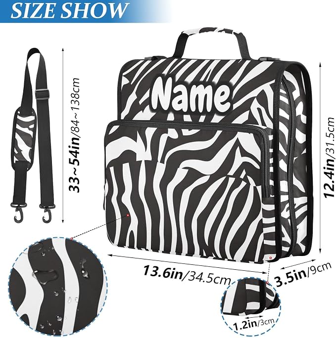 Custom Zebra Print Black White 3 Ring Binder Bag 1.5 inch Personalized Name Binder Organizer 500 Sheet Documents Storage for School Office