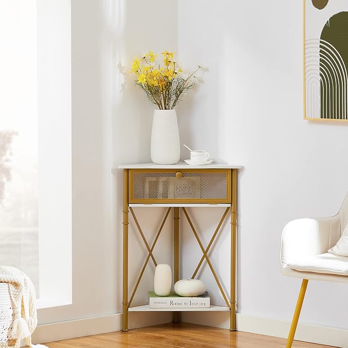 VECELO Cabinet/Table, 3-Tier Display Shelves with Protection Door, Metal Frame Storage Shelf Organizer for Small Space, Living Room, Kitchen, Bathroom, Set of 2, Gold+Black