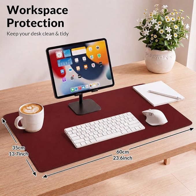 AFIING Leather Desk Pad Protector, 23.6" x 13.7", Red | Dual-Sided Cork & PU Leather, Waterproof, Non-Slip Mouse Pad & Writing Pad for Home, Office, Study & Laptop