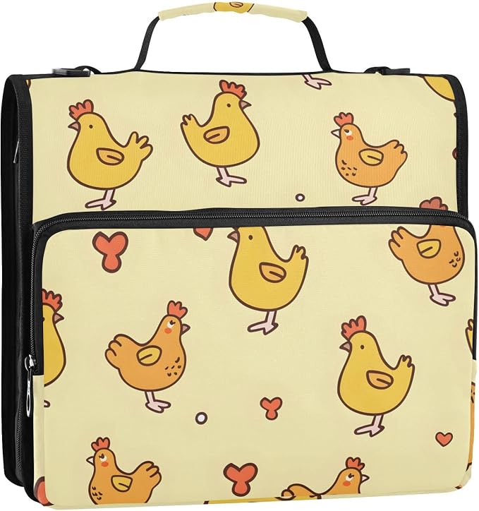 3 Ring Zipper Binder with Shoulder Strap Cute Chicken Yellow Farm 1.5 inch Binders Keeper Large Capacity Multi Pockets for School Office Supplies
