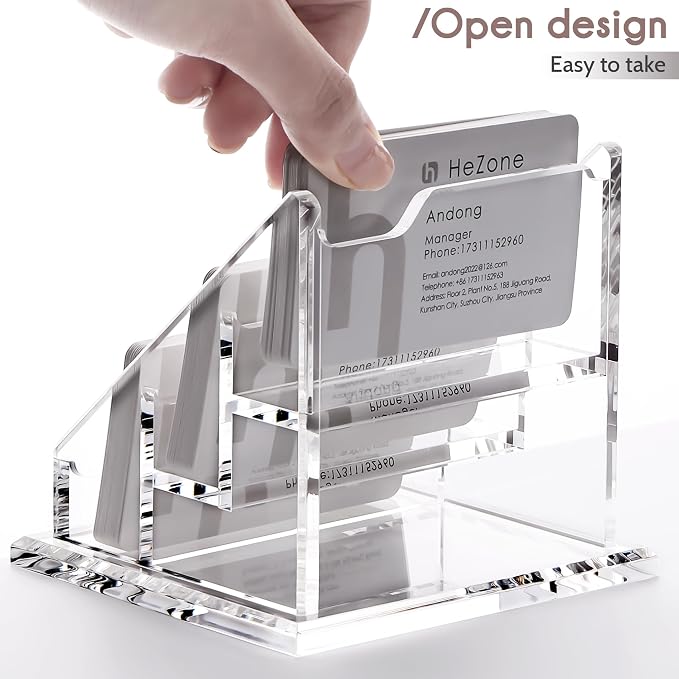 HeZone Acrylic Card Holder Clear Horizontal Business Card Organizer Stand for Desk 3 Slots 3 Tier Business Cards Stand for Women and Men,Office Desk Accessories,Organize 150 Cards-1 Pack(3 Slots-H)