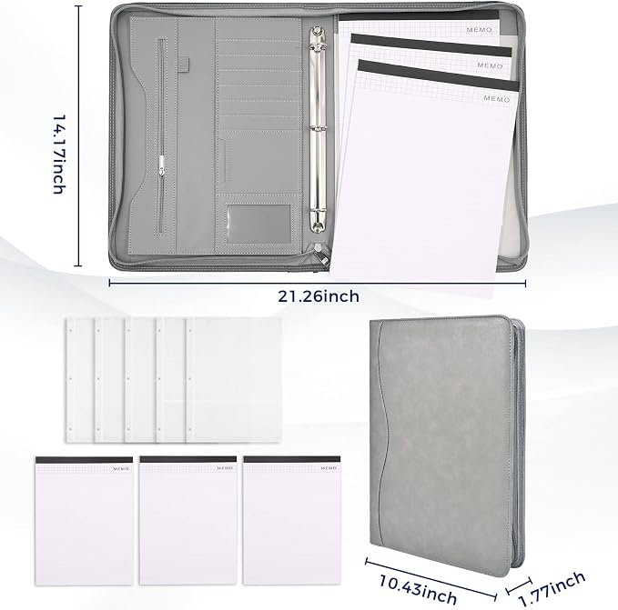3-Ring Padfolio Portfolio Binder Organizer,PU Leather Folder Binder Business Planner Notebook Zippered Portfolio for Women/Men with Document Sleeve,Letter/A4 Size Clipboard