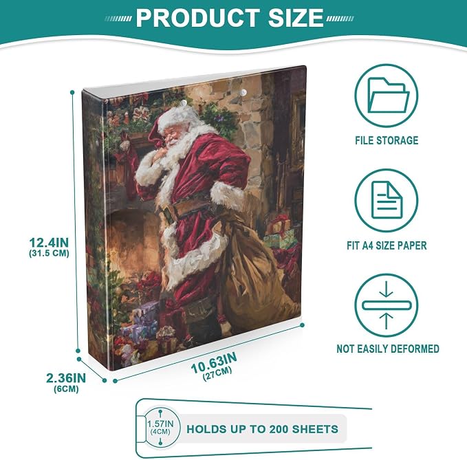 Funny Christmas Santa Claus Binder 3 Ring 1.5 Inch Binder with Clipboard&Pockets, Hardcover Binders Heavy Duty Large File Folder for Office School Supplies - Holds 200 Sheets
